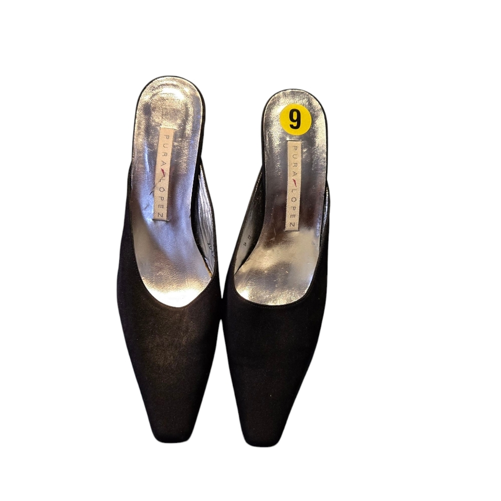 Pura Lopez Womens Black Satin Backless Heels Size 9B